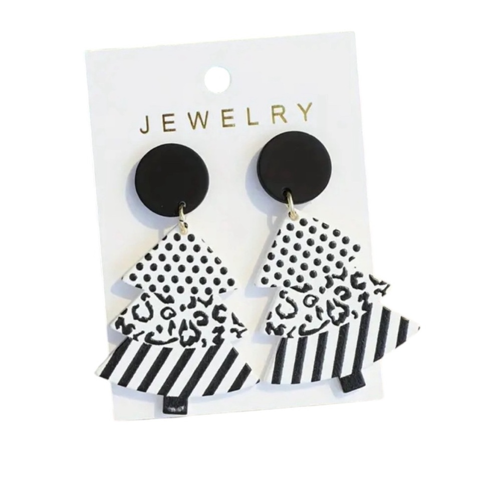 Black & White Print Christmas Tree Dangle Earrings